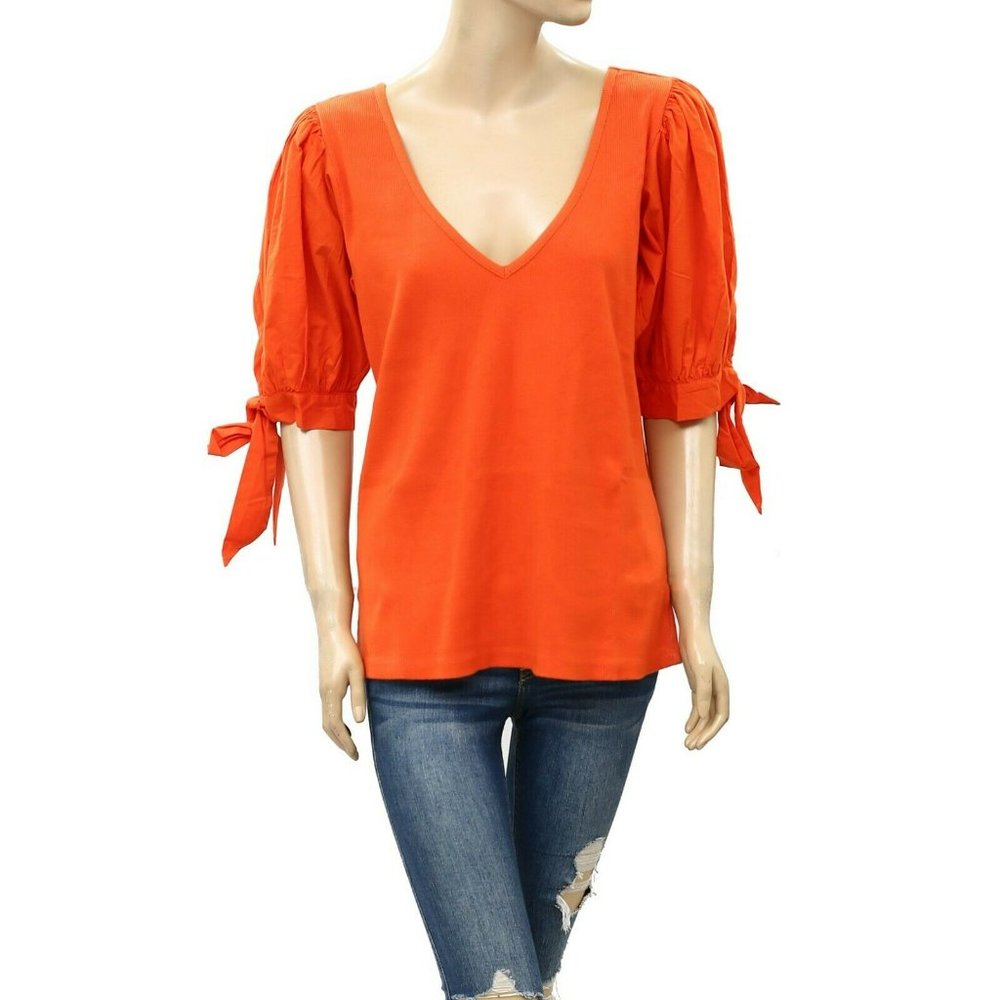 Anthropologie Maeve Orange Puff Sleeve Blouse - size small - Picture 4 of 7